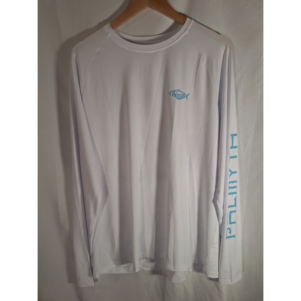Palmyth Mens Performance Fishing Shirt White Long Sleeve Tropical Graphic Large